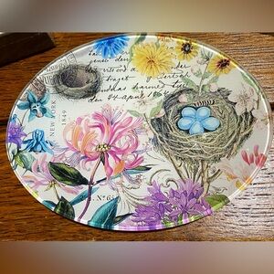Michel Design Works Glass Dish.  Lovely spring floral and nest w/blue Robin eggs